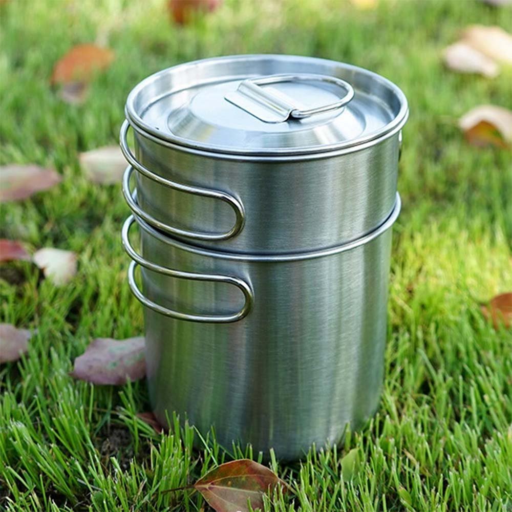 2Pcs Camping Cup Set Stainless Steel Cooking Bowl 1000ml 700ml Foldable Handle