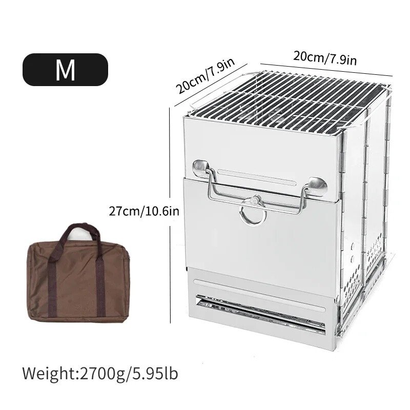 Stainless Steel Square Wood Burning Camping Stove Portable Collapsible BBQ