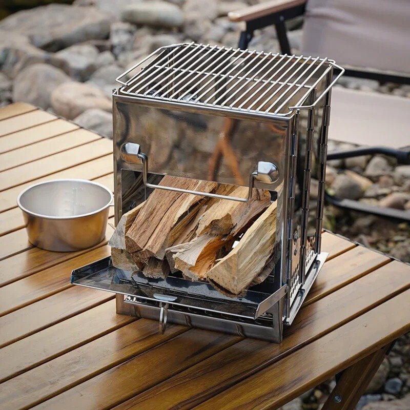 Stainless Steel Square Wood Burning Camping Stove Portable Collapsible BBQ