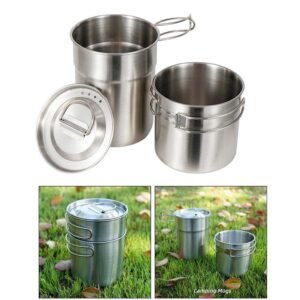 2Pcs Camping Cup Set Stainless Steel Cooking Bowl 1000ml 700ml Foldable Handle