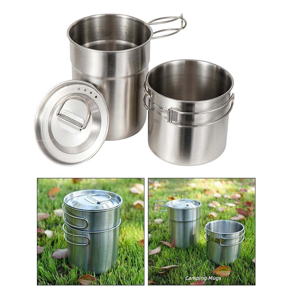 2Pcs Camping Cup Set Stainless Steel Cooking Bowl 1000ml 700ml Foldable Handle