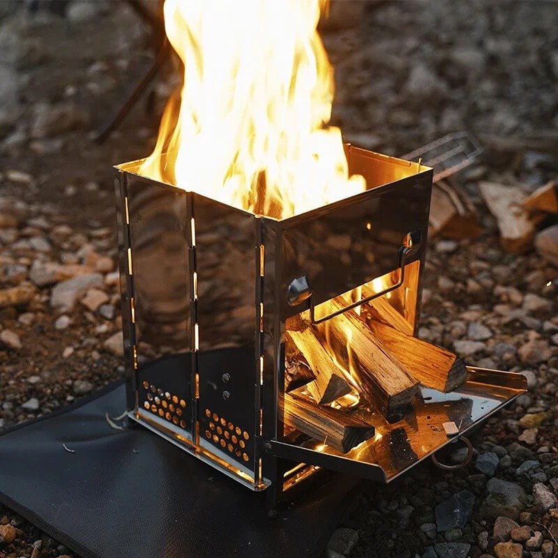 Stainless Steel Square Wood Burning Camping Stove Portable Collapsible BBQ
