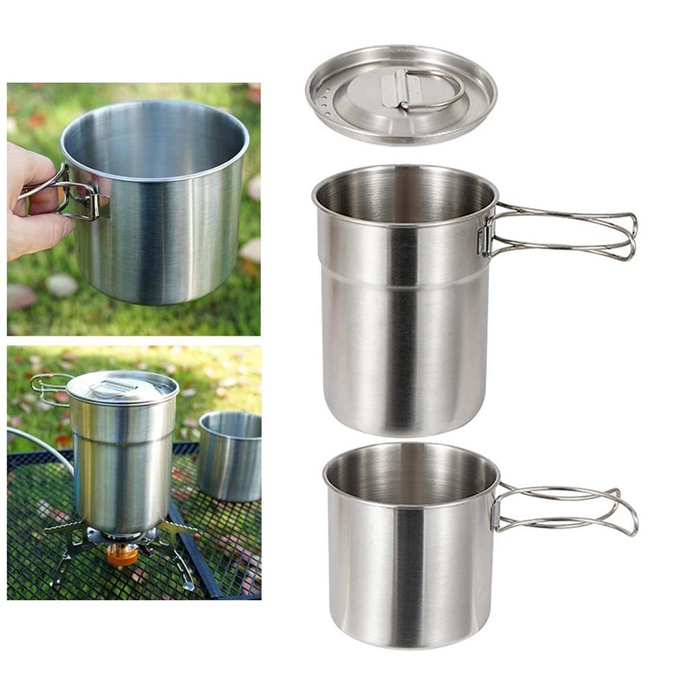 2Pcs Camping Cup Set Stainless Steel Cooking Bowl 1000ml 700ml Foldable Handle