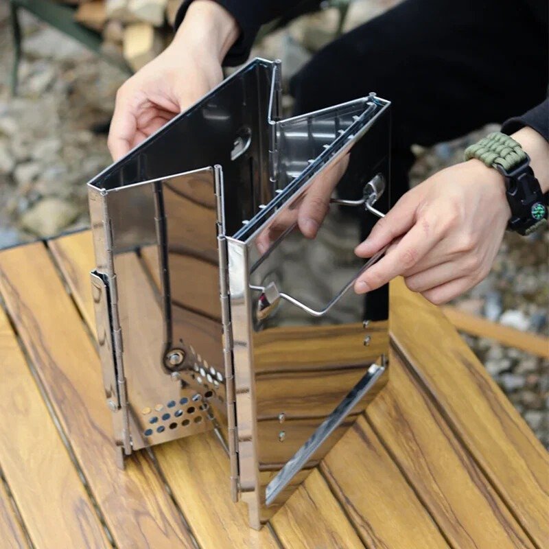Stainless Steel Square Wood Burning Camping Stove Portable Collapsible BBQ