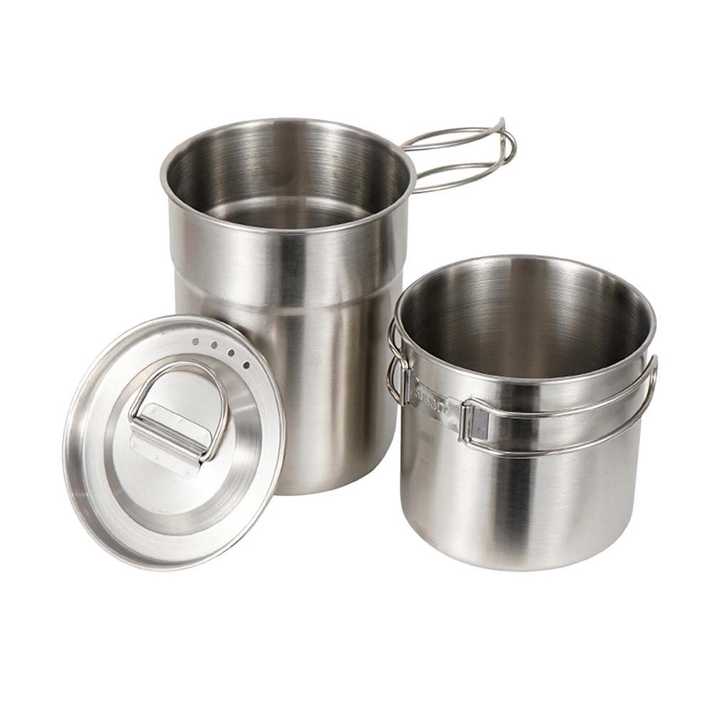 2Pcs Camping Cup Set Stainless Steel Cooking Bowl 1000ml 700ml Foldable Handle