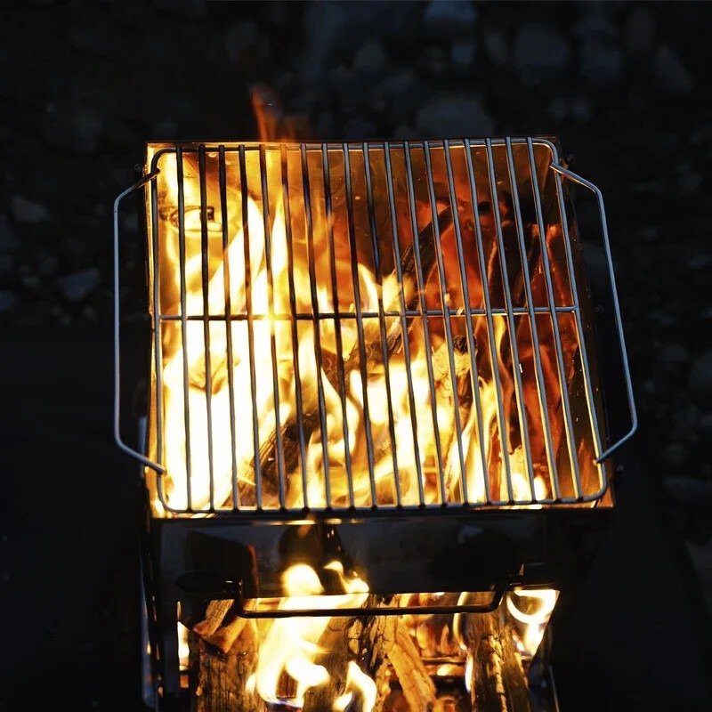 Stainless Steel Square Wood Burning Camping Stove Portable Collapsible BBQ