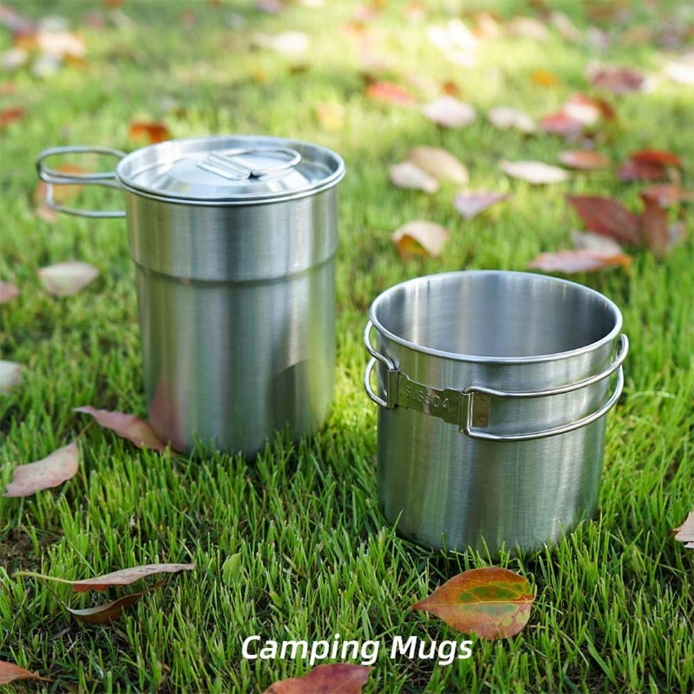 2Pcs Camping Cup Set Stainless Steel Cooking Bowl 1000ml 700ml Foldable Handle