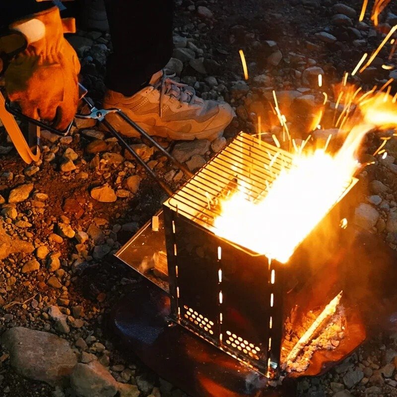 Stainless Steel Square Wood Burning Camping Stove Portable Collapsible BBQ