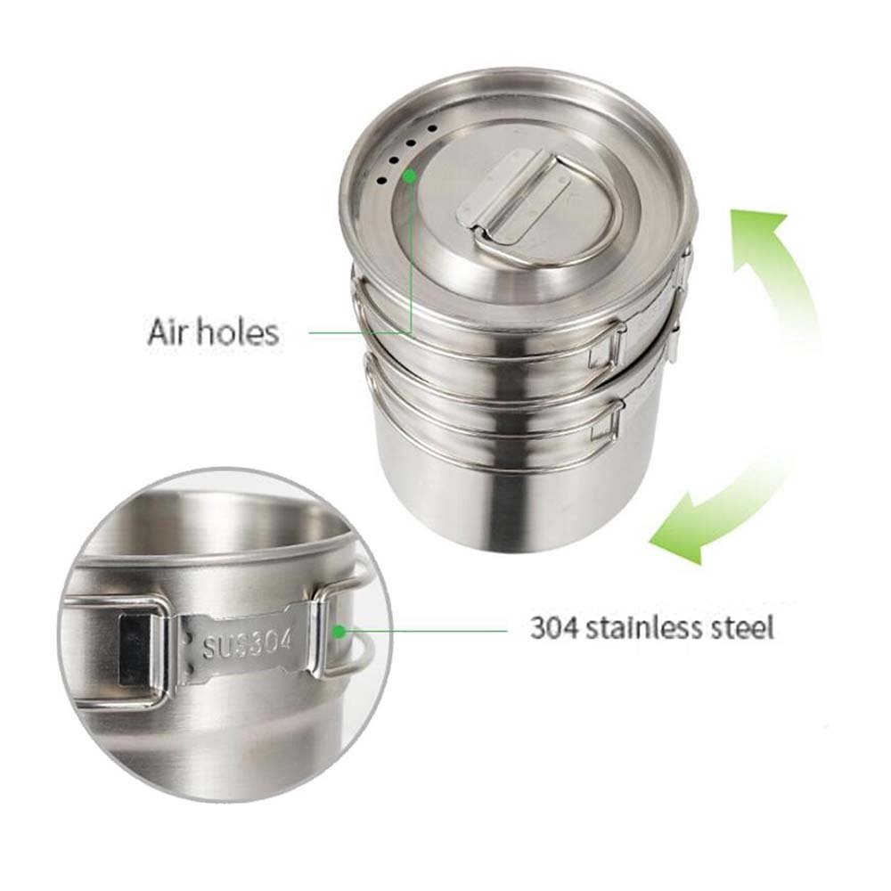 2Pcs Camping Cup Set Stainless Steel Cooking Bowl 1000ml 700ml Foldable Handle