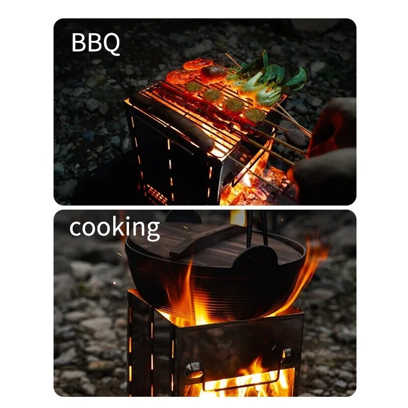 Stainless Steel Square Wood Burning Camping Stove Portable Collapsible BBQ