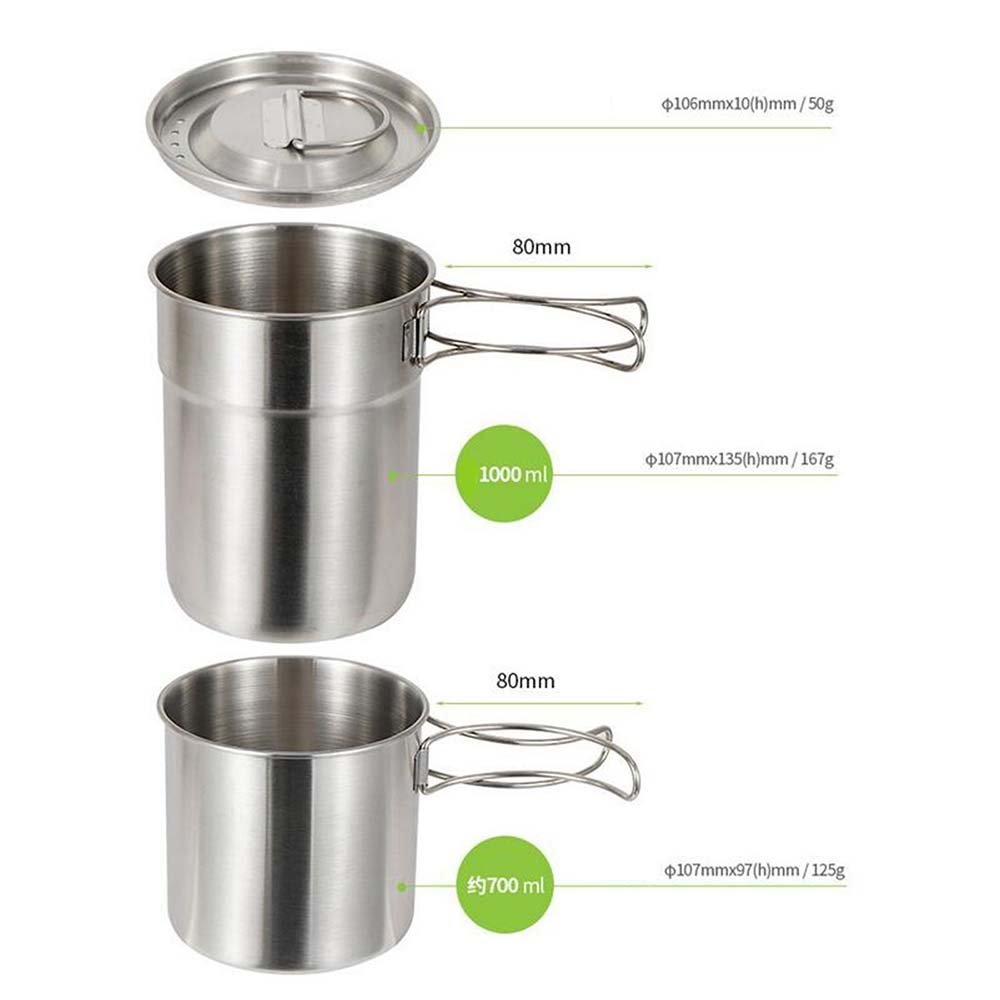 2Pcs Camping Cup Set Stainless Steel Cooking Bowl 1000ml 700ml Foldable Handle