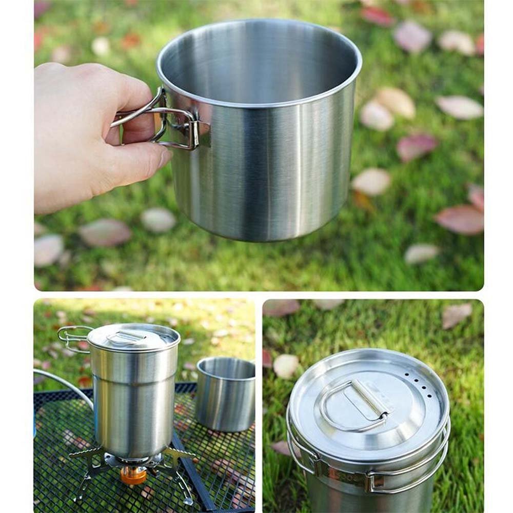 2Pcs Camping Cup Set Stainless Steel Cooking Bowl 1000ml 700ml Foldable Handle