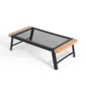 Wooden Handle Folding Net Table – Portable Outdoor Camping Table with Heat-Resistant Iron Mesh